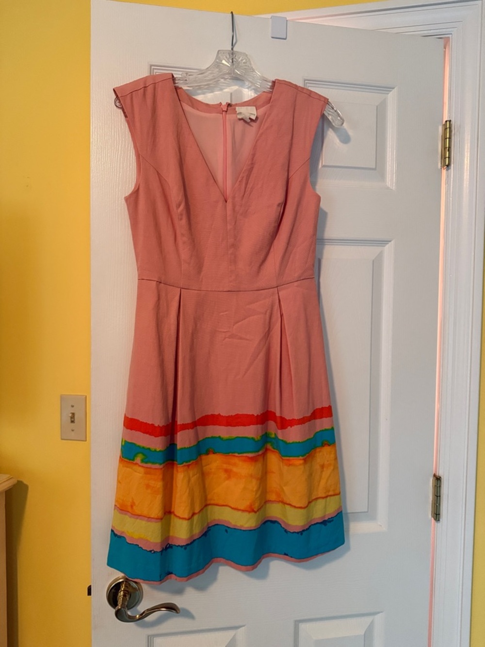 Tracy Reese x Anthro Sleeveless Pink Fit & Flare Dress with Colorful Stripe Hem